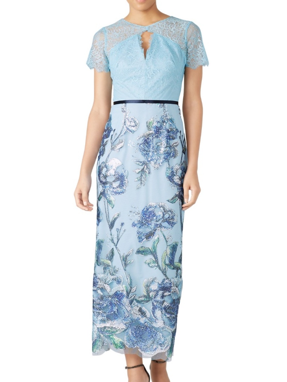 Marchesa Notte Floral Sequin Embellished Light Blue Artwork Midi Dress - Size 4